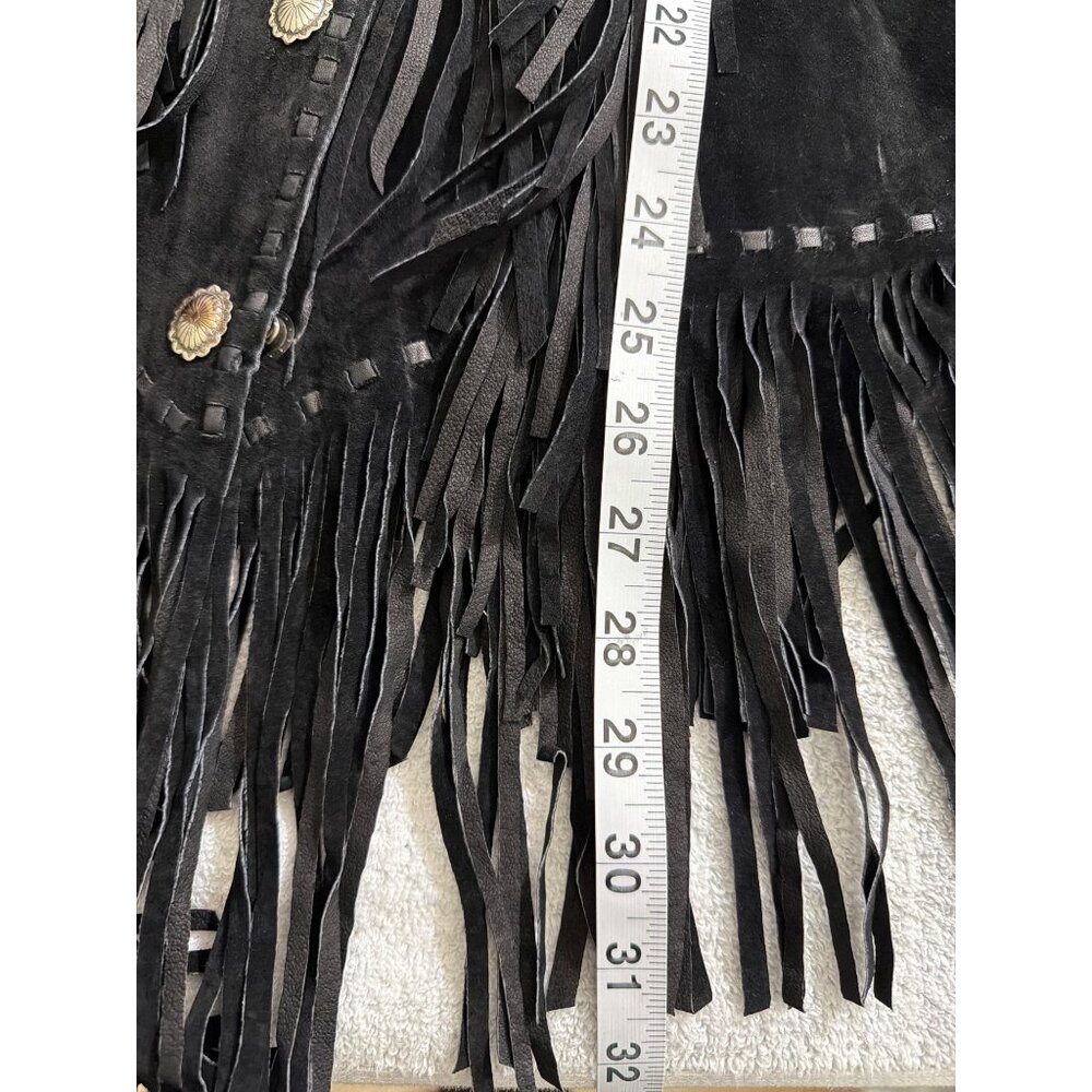Vintage Womens Genuine Leather Black Fringe Jacket With Turquoise Bead Accents S - Picture 15 of 16